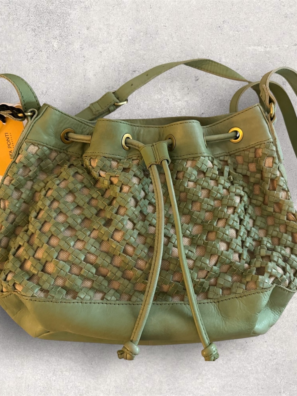 MARTA PONTI genuine leather Sage Green Woven Drawstring Shoulder Bag Italy